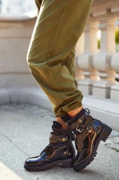 Boto Botki Zimowe Damskie|Botki Workery*Botki Damskie z paskiem Lakierowane Czarne Joyce