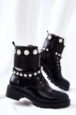 Boto Botki Sznurowane|Czarne Botki*Botki Damskie Z Perełkami Czarne Mystique