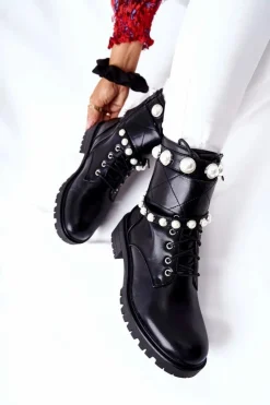 Boto Botki Sznurowane|Czarne Botki*Botki Damskie Z Perełkami Czarne Mystique