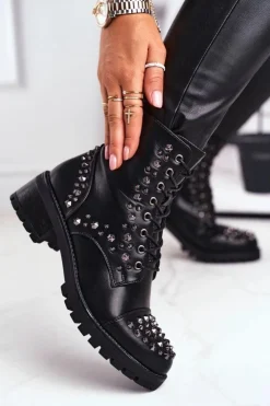 Boto Botki Sznurowane|Czarne Botki*Botki Damskie z ćwiekami Czarne Chill