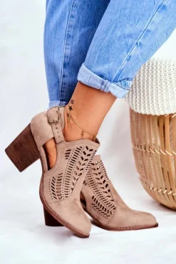 Boto Botki Wiosenne|Botki Na Słupku*Botki Damskie z Wycięciem Wiosenne Beżowe Velluci