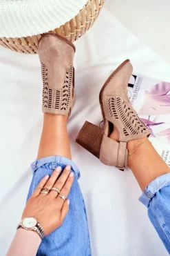 Boto Botki Wiosenne|Botki Na Słupku*Botki Damskie z Wycięciem Wiosenne Beżowe Velluci