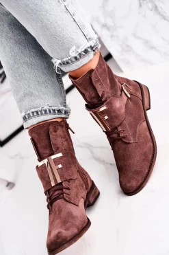 Damskie Boto Botki Damskie Zamszowe Brązowe Nicole 2591