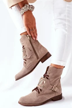 Damskie Boto Botki Damskie Zamszowe Cappuccino Nicole 2676
