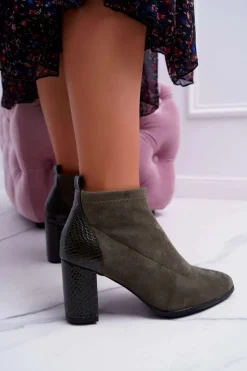 Damskie buty S.Barski Botki Na Słupku|Brązowe I Beżowe Botki*Botki Damskie Zamszowe Na Słupku Khaki Ferrous