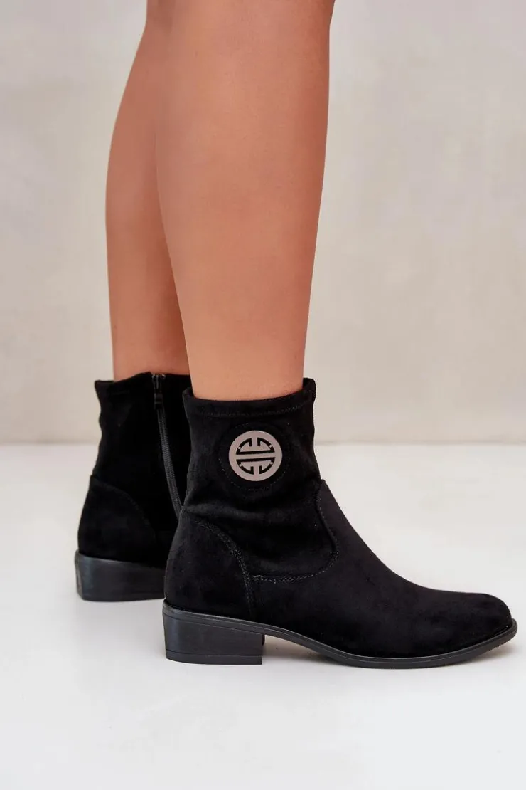 Boto Botki Ocieplane|Czarne Botki*Botki Damskie Zapinane Na Zamek Z Ozdobnym Detalem Eko Zamszowe Czarne Lerioria Czarny