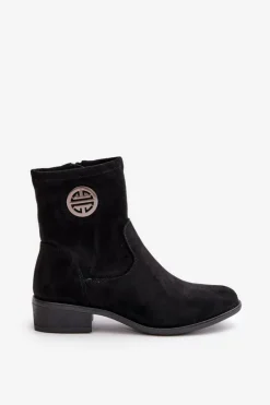 Boto Botki Ocieplane|Czarne Botki*Botki Damskie Zapinane Na Zamek Z Ozdobnym Detalem Eko Zamszowe Czarne Lerioria Czarny