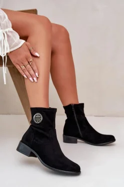 Boto Botki Ocieplane|Czarne Botki*Botki Damskie Zapinane Na Zamek Z Ozdobnym Detalem Eko Zamszowe Czarne Lerioria Czarny