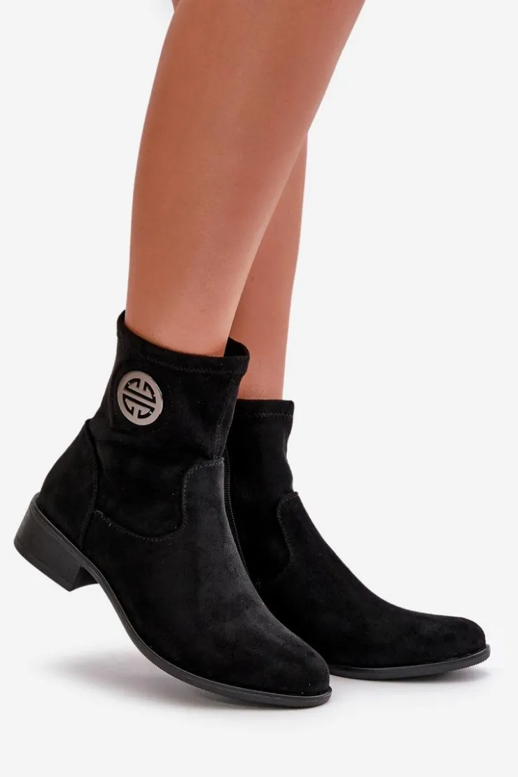 Boto Botki Ocieplane|Czarne Botki*Botki Damskie Zapinane Na Zamek Z Ozdobnym Detalem Eko Zamszowe Czarne Lerioria Czarny