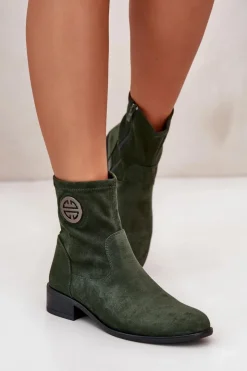 Boto Botki Damskie Zapinane Na Zamek Z Ozdobnym Detalem Eko Zamszowe Zielone Lerioria Zielony