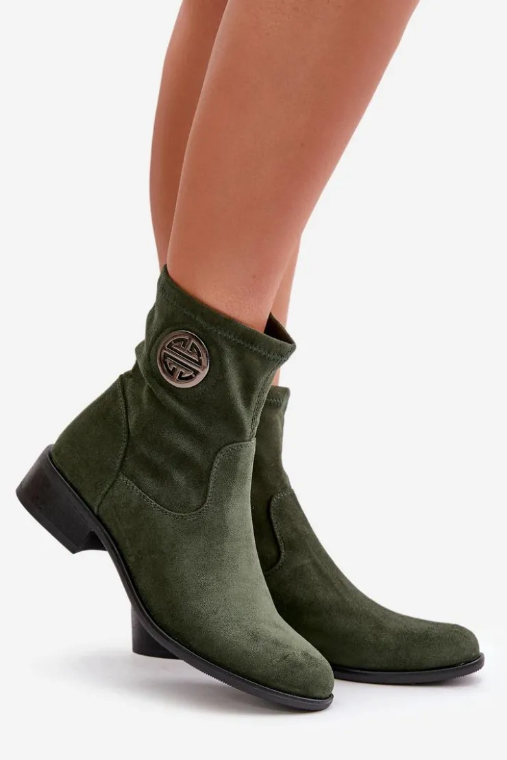Boto Botki Damskie Zapinane Na Zamek Z Ozdobnym Detalem Eko Zamszowe Zielone Lerioria Zielony