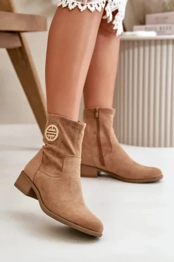 Damskie Boto Botki Damskie Zapinane Na Zamek Z Ozdobnym Detalem Eko Zamszowe Beżowe Lerioria