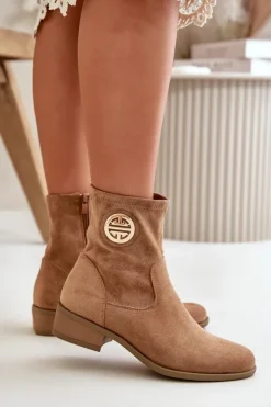 Damskie Boto Botki Damskie Zapinane Na Zamek Z Ozdobnym Detalem Eko Zamszowe Beżowe Lerioria