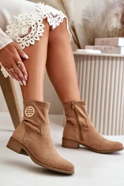 Damskie Boto Botki Damskie Zapinane Na Zamek Z Ozdobnym Detalem Eko Zamszowe Beżowe Lerioria