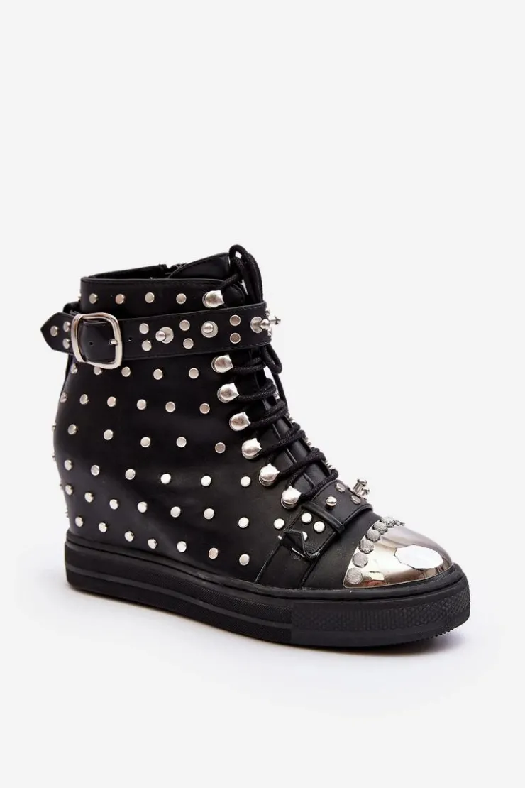 Boto Botki Na Koturnie|Czarne Botki*Botki Damskie Zdobione Dżetami Na Koturnie Lu Boo Czarne