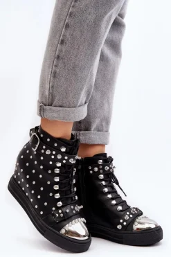 Boto Botki Na Koturnie|Czarne Botki*Botki Damskie Zdobione Dżetami Na Koturnie Lu Boo Czarne