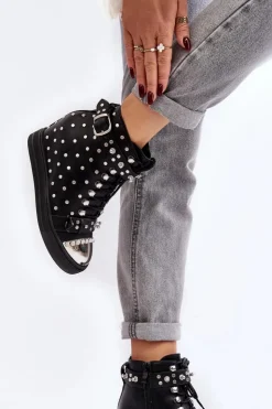 Boto Botki Na Koturnie|Czarne Botki*Botki Damskie Zdobione Dżetami Na Koturnie Lu Boo Czarne