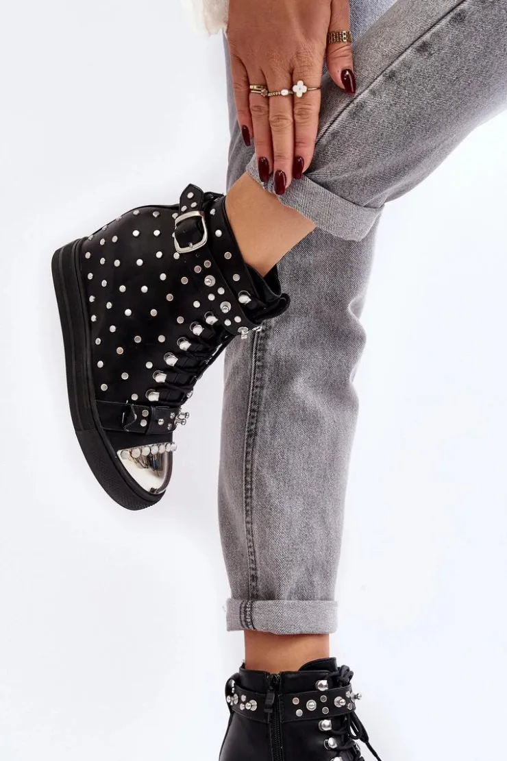 Boto Botki Na Koturnie|Czarne Botki*Botki Damskie Zdobione Dżetami Na Koturnie Lu Boo Czarne