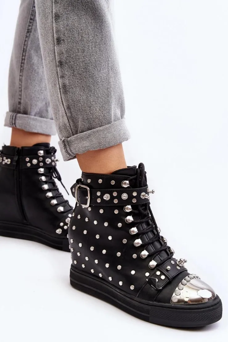 Boto Botki Na Koturnie|Czarne Botki*Botki Damskie Zdobione Dżetami Na Koturnie Lu Boo Czarne