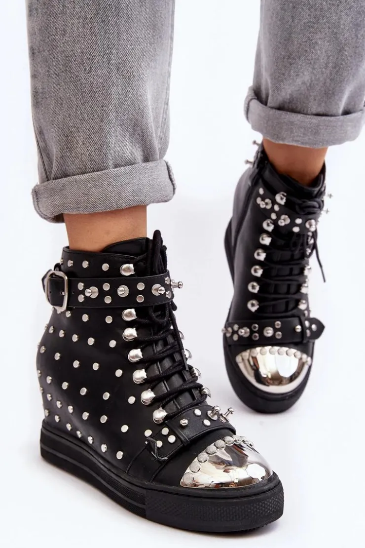 Boto Botki Na Koturnie|Czarne Botki*Botki Damskie Zdobione Dżetami Na Koturnie Lu Boo Czarne