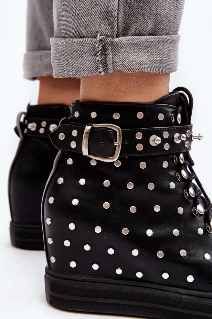 Boto Botki Na Koturnie|Czarne Botki*Botki Damskie Zdobione Dżetami Na Koturnie Lu Boo Czarne