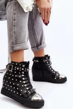 Boto Botki Na Koturnie|Czarne Botki*Botki Damskie Zdobione Dżetami Na Koturnie Lu Boo Czarne