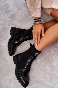 Damskie Boto Botki Damskie Ze Skarpetą Wiązane Czarne Livaro