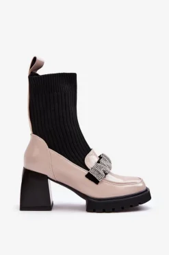 Damskie buty S.Barski Botki Ocieplane|Brązowe I Beżowe Botki*Botki Damskie Ze Skarpeta Na Obcasie Beżowe S.Barski MR870-41 Beżowy