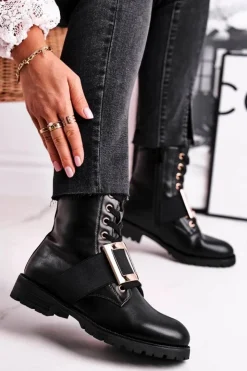 Boto Botki Sznurowane|Czarne Botki*Botki Damskie Ze Złotą Klamrą Happy Su Czarne