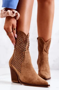 Damskie Boto Botki Kowbojki Ażurowe Na Słupku Camel Caroline