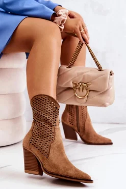 Damskie Boto Botki Kowbojki Ażurowe Na Słupku Camel Caroline