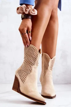 Clearance Boto Botki Kowbojki Ażurowe Na Słupku Beżowe Caroline
