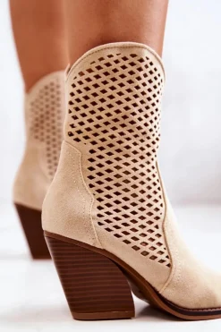 Clearance Boto Botki Kowbojki Ażurowe Na Słupku Beżowe Caroline