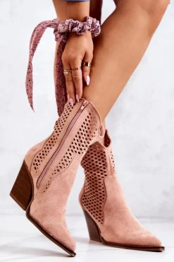 Discount Boto Botki Kowbojki Ażurowe Na Słupku Różowe Caroline