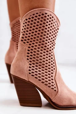 Discount Boto Botki Kowbojki Ażurowe Na Słupku Różowe Caroline