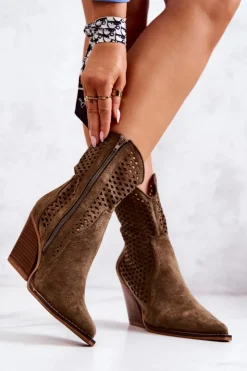 Boto Kozaki Zamszowe|Botki Wiosenne*Botki Kowbojki Ażurowe Na Słupku Khaki Caroline