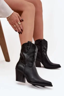 Boto Botki Ocieplane|Botki Skórzane*Botki Kowbojki Damskie Eko Skórzane Na Słupku Czarne Morelia Czarny