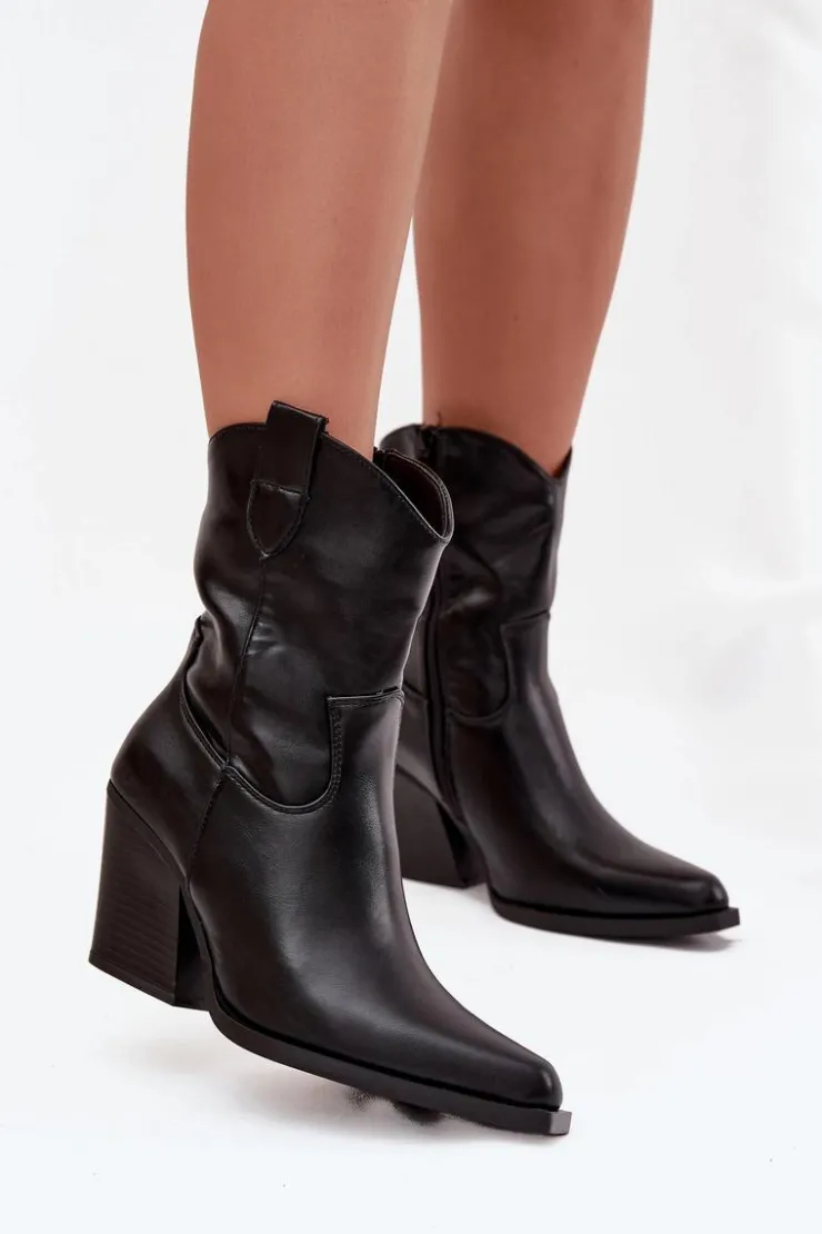 Boto Botki Ocieplane|Botki Skórzane*Botki Kowbojki Damskie Eko Skórzane Na Słupku Czarne Morelia Czarny