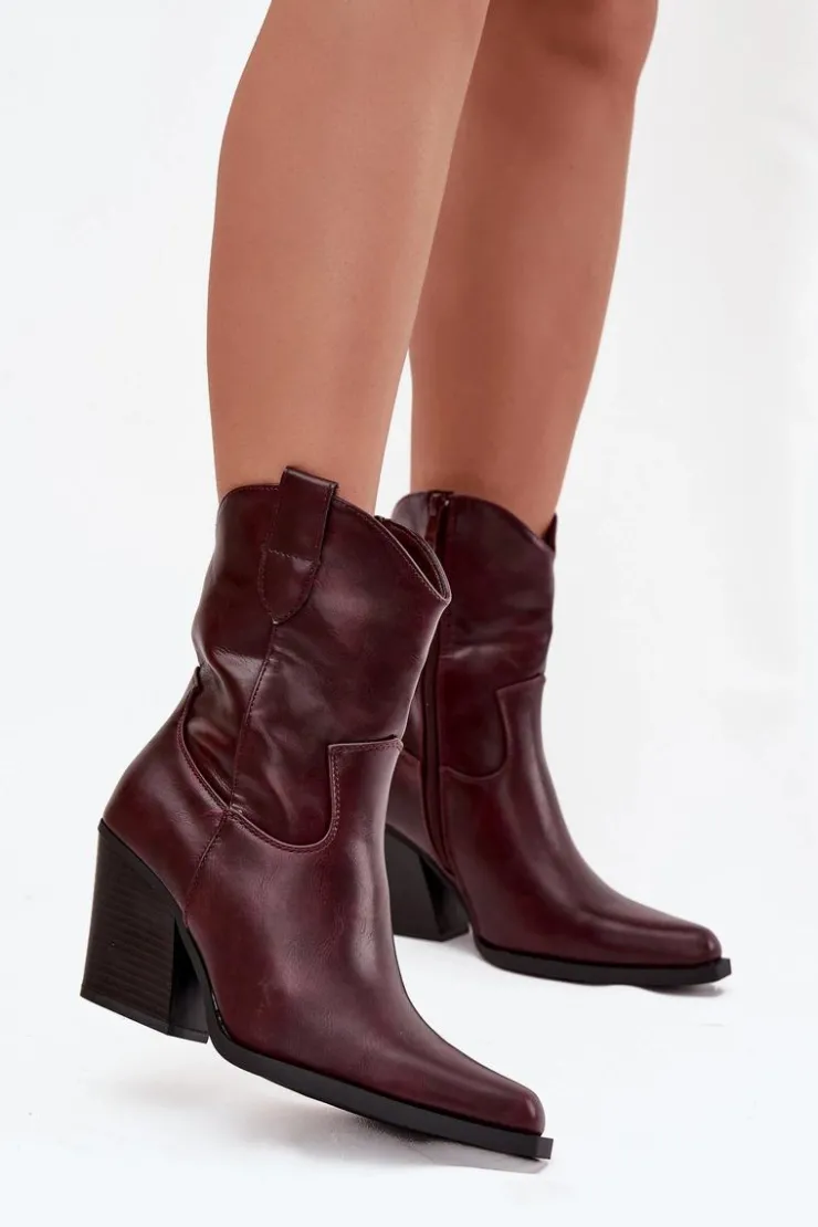 Hot Boto Botki Kowbojki Damskie Eko Skórzane Na Słupku Bordowe Morelia Czerwony