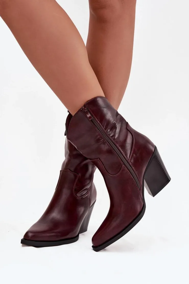 Hot Boto Botki Kowbojki Damskie Eko Skórzane Na Słupku Bordowe Morelia Czerwony