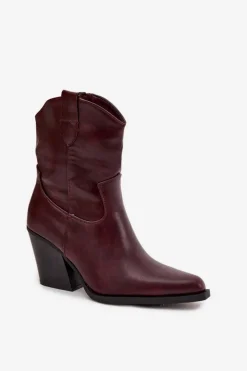 Hot Boto Botki Kowbojki Damskie Eko Skórzane Na Słupku Bordowe Morelia Czerwony