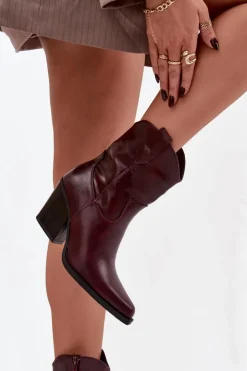 Hot Boto Botki Kowbojki Damskie Eko Skórzane Na Słupku Bordowe Morelia Czerwony