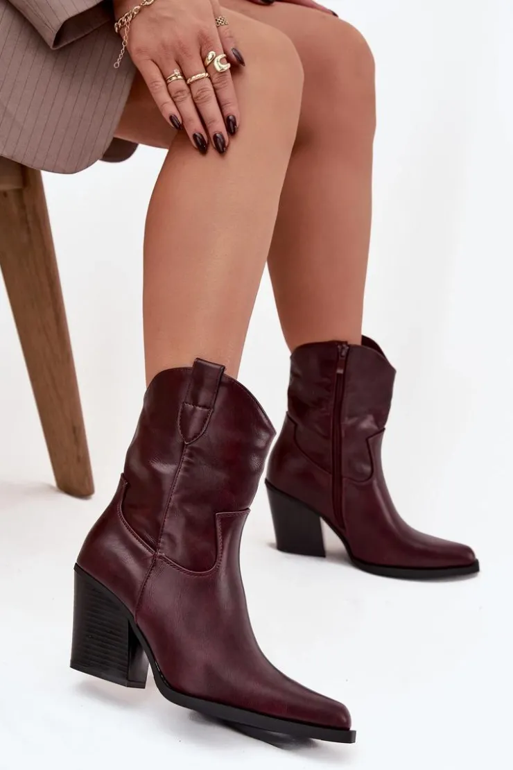 Hot Boto Botki Kowbojki Damskie Eko Skórzane Na Słupku Bordowe Morelia Czerwony