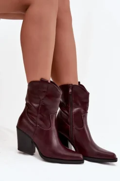 Hot Boto Botki Kowbojki Damskie Eko Skórzane Na Słupku Bordowe Morelia Czerwony