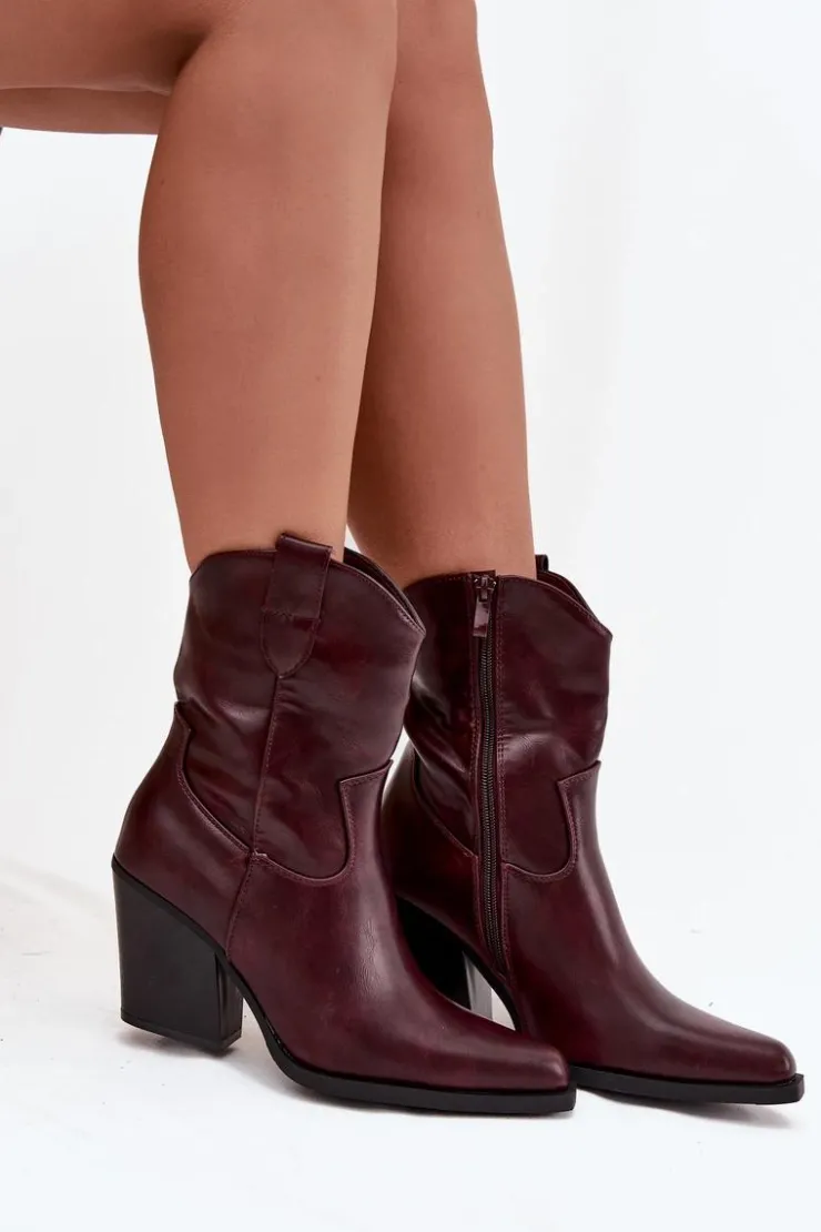 Hot Boto Botki Kowbojki Damskie Eko Skórzane Na Słupku Bordowe Morelia Czerwony