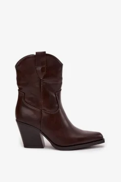 Damskie Boto Botki Kowbojki Damskie Eko Skórzane Na Słupku Czekoladowe Morelia