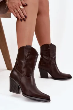 Damskie Boto Botki Kowbojki Damskie Eko Skórzane Na Słupku Czekoladowe Morelia