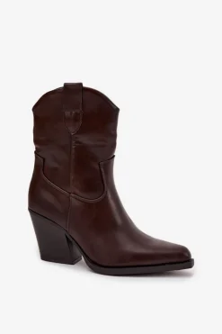 Damskie Boto Botki Kowbojki Damskie Eko Skórzane Na Słupku Czekoladowe Morelia