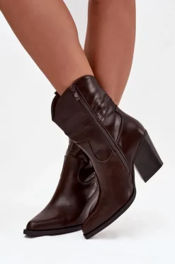 Damskie Boto Botki Kowbojki Damskie Eko Skórzane Na Słupku Czekoladowe Morelia