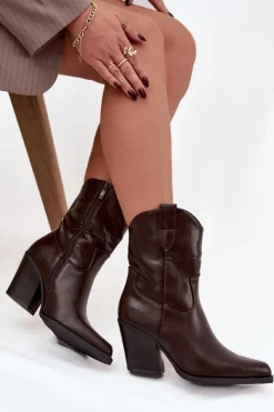 Damskie Boto Botki Kowbojki Damskie Eko Skórzane Na Słupku Czekoladowe Morelia